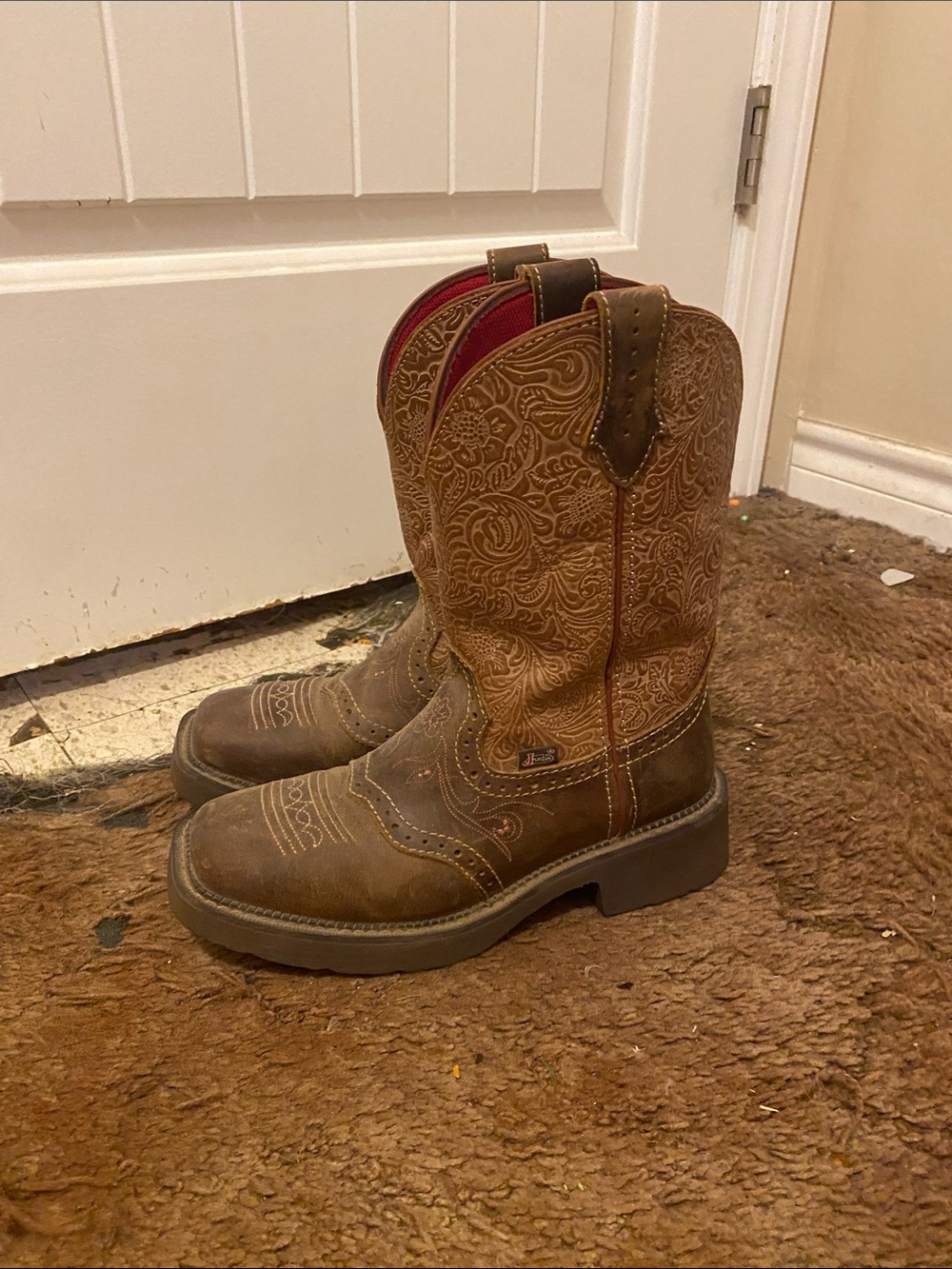 Justin Boots Brown Embossed Women's Combat/Moto Boots with Red Lining